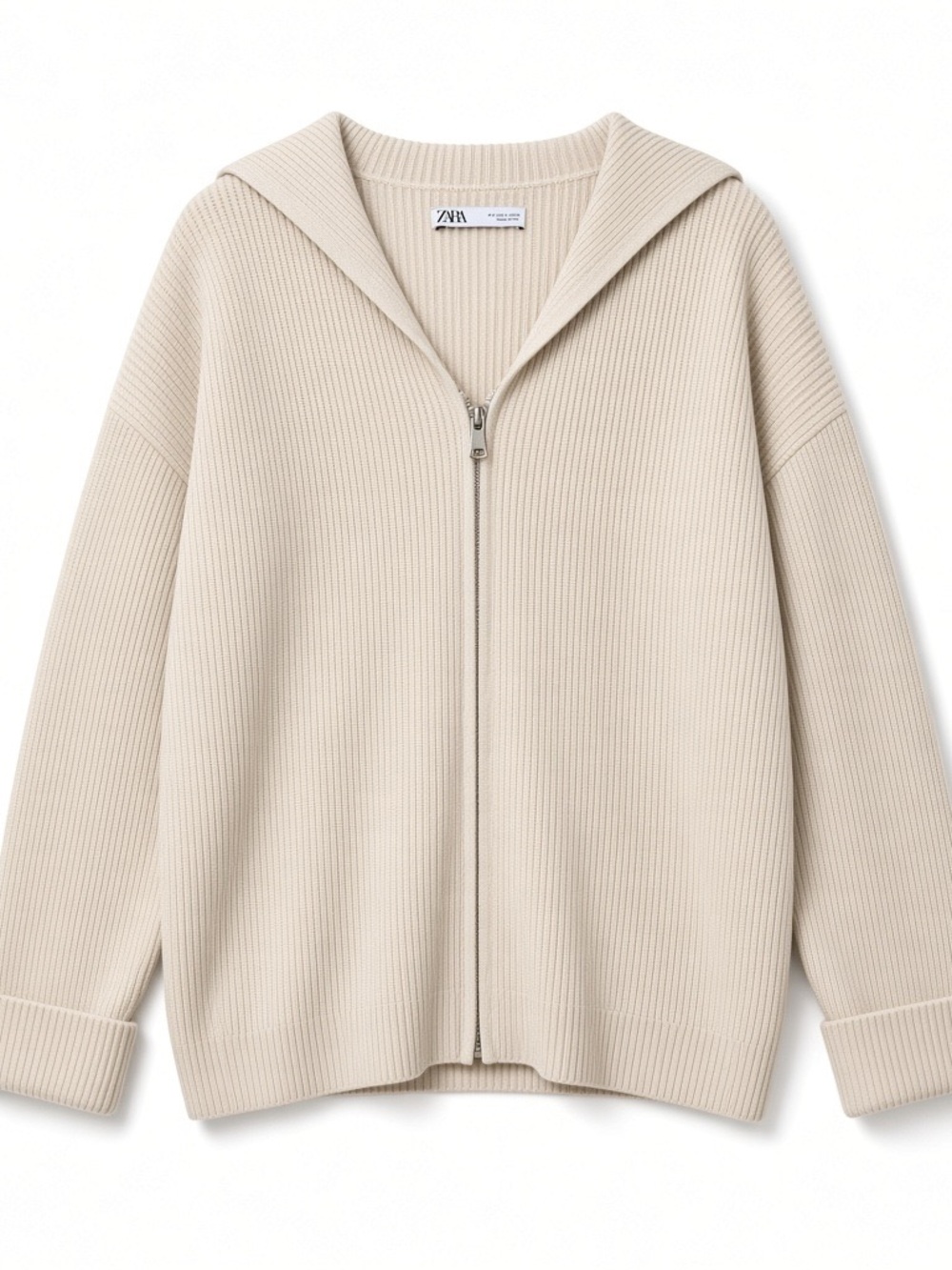 Zara Cream Ribbed Zip-Up Sailor Collar Knit Sweater Size S Full Zipper
